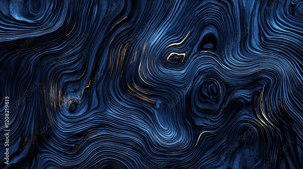 Poster abstract dark blue waves with golden accents create a mesmerizing pattern on a textured surface.