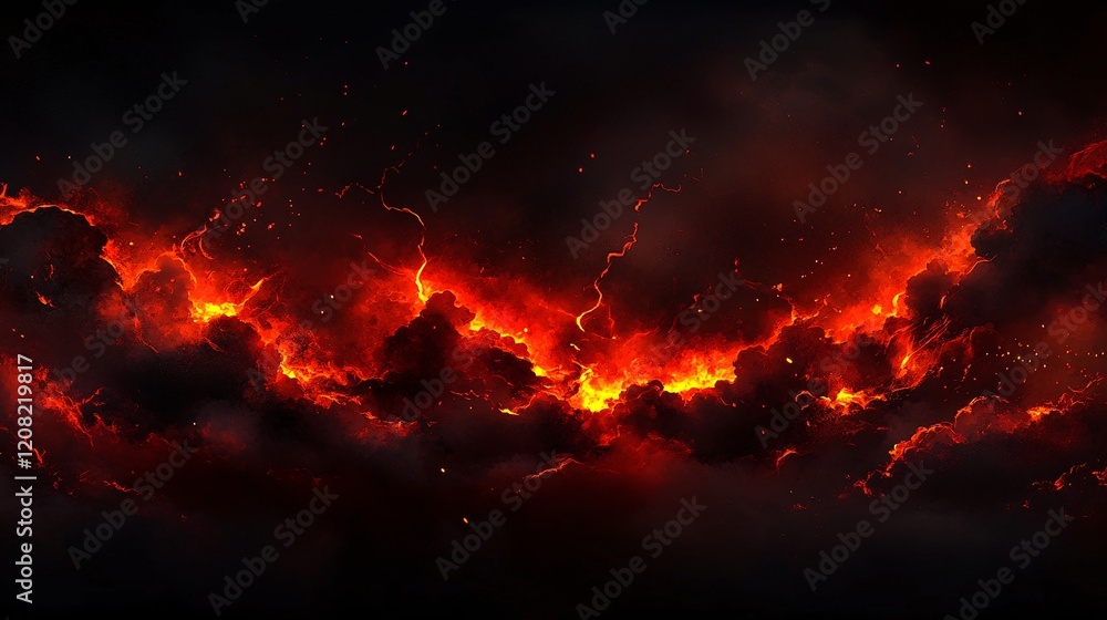 Poster a dramatic display of fiery orange and red flames entwined with dark clouds, creating an intense and