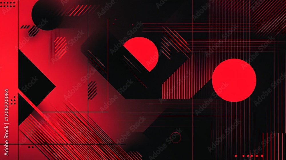 Poster bold abstract design featuring red and black geometric shapes, creating a striking visual impact.