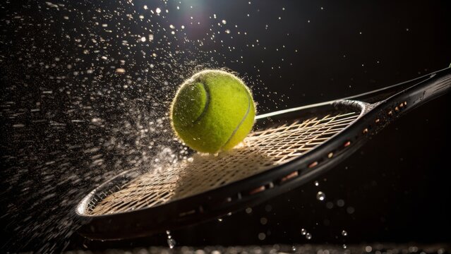 Tennis Ball Impact Dynamic Composition, Water Droplets, Dark Background, Sports Photography, Tennis Racket Tennis, Sports photography
