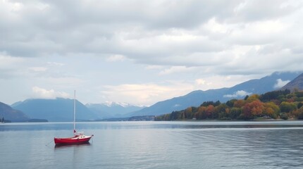 Fototapeta premium Serene Red Sailboat on Calm Lake with Autumnal Mountain View