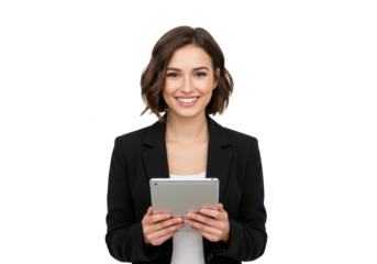 A smiling young woman with short brown hair, wearing a black blazer and white top, holding a tablet isolated on transparent background