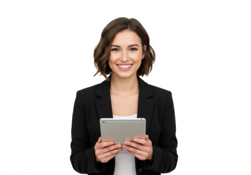 A smiling young woman with short brown hair, wearing a black blazer and white top, holding a tablet isolated on transparent background