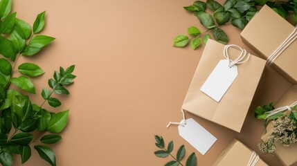 Eco-friendly gifts, leaves, brown background, blank tags, flatlay