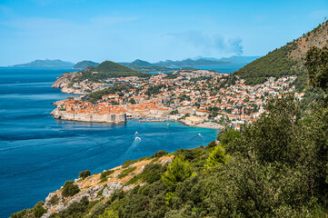 Dubrovnik Croatia landscape with old town along the coastline.