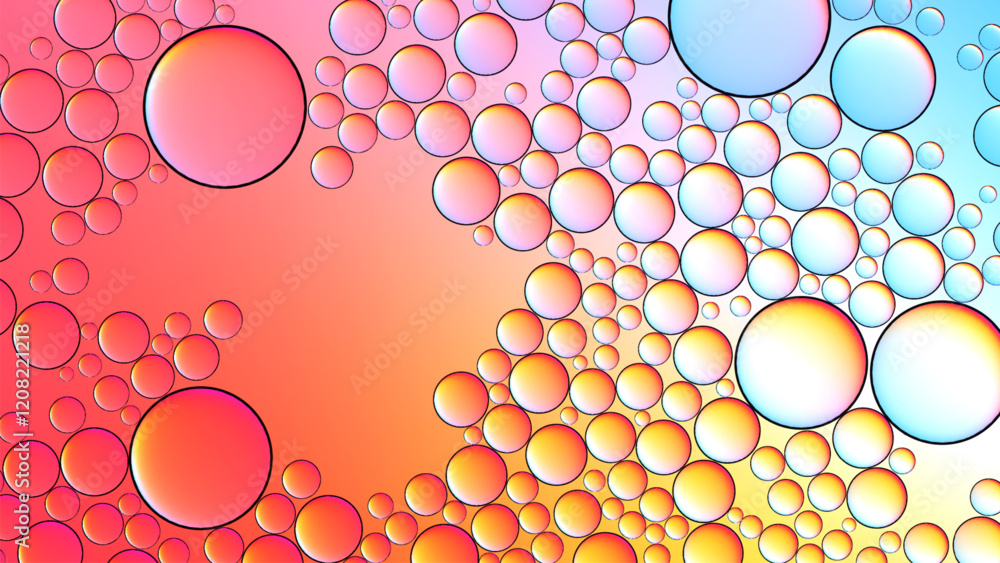 Poster macro view background with transparent oil droplets in water on harmonious gradient blend of pink an