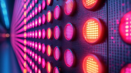 Abstract LED light wall with pink, orange, and purple glowing circles.