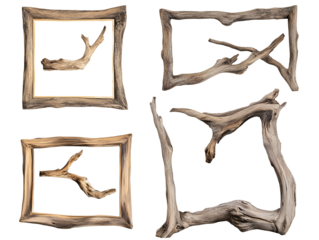 Set of rustic wooden frames crafted from twigs and branches, transparent or white background