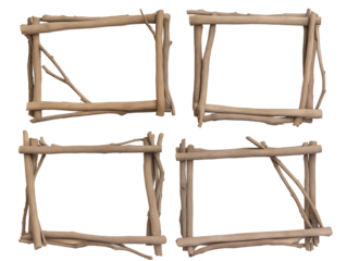 Set of rustic wooden frames crafted from twigs and branches, transparent or white background