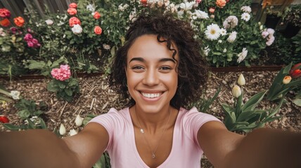 A joyful young woman of mixed ethnicity smiles brightly while taking a selfie in a vibrant flower garden filled with various colorful blooms.
