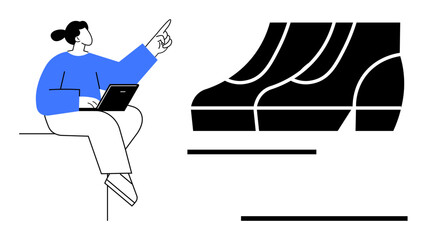 Person using laptop while pointing at large bar graph representing growth. Ideal for business analytics, presentation, statistics, digital collaboration, planning, strategic vision, progress