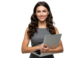 A confident woman with wavy dark brown hair, wearing a gray dress, holding a laptop and smiling warmly isolated on transparent background