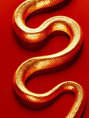 Obraz premium Close-up of a gold snake-shaped jewelry piece with a textured surface, elegantly curved on a vibrant red background. 