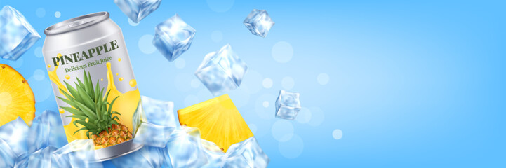 Pineapple Soda Ice Drink. Fruit Juice with flying Ice Cubes and Pineapple Slices with realistic tin can.