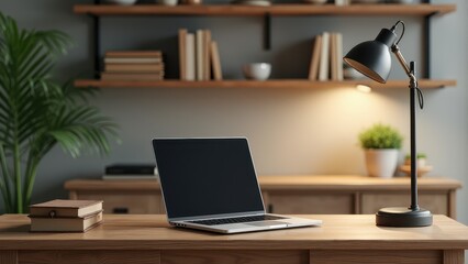 Fototapeta premium Closed Laptop Mockup, Laptop on an antique desk in a rustic home office with books and plants next to an elegant table lamp photorealistic.