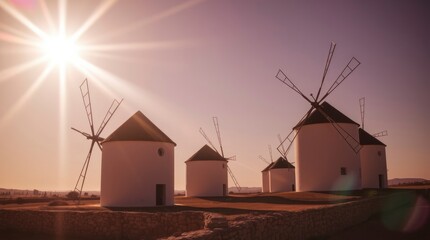 Sunlit Mediterranean Windmills: A Serene Sunset Landscape