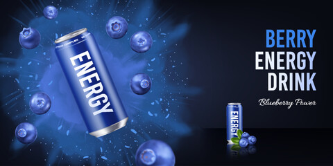 Realistic berry energy drink in an aluminum can with flying blueberries on a dark background. Banner concept for advertising fresh cold drinks with text