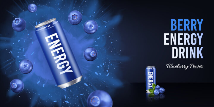 Realistic berry energy drink in an aluminum can with flying blueberries on a dark background. Banner concept for advertising fresh cold drinks with text