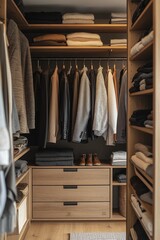  Minimalist walk-in closet with open shelving and hanging rods, featuring neutral and wooden finishes, neatly organized with clothes, shoes, and accessories for a modern aesthetic.