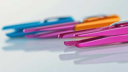 Fototapeta premium Colorful clips on white background, close-up, shallow depth of field, office supplies