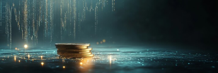Gold coins stacked on each other with binary code matrix rain falling on dark background, representing investment growth in cryptocurrency market and new financial technologies
