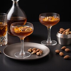 Spiced cognac cocktail with nuts served on elegant tableware