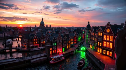 Naklejka premium Amsterdam Canal Sunset: Illuminated Buildings and Boats at Dusk