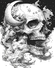 A tattoo design featuring a skull combined with a moon and stars