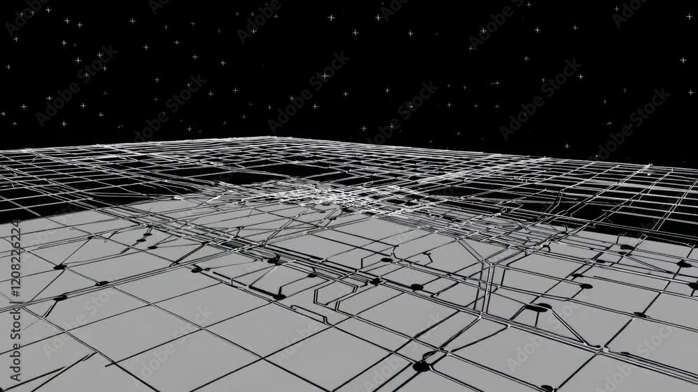 Poster black lines and dots interconnected, creating a complex network resembling a circuit board or urban 