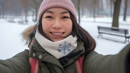 A smiling young Asian woman enjoys a snowy day, wearing a cozy scarf and beanie, with a park backdrop featuring snow-covered benches.