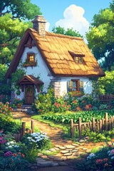  Traditional countryside isometric house with a charming thatched roof, stone chimney, and lush surroundings, complete with a vegetable garden and wooden fencing for rustic appeal.