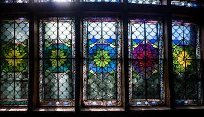 Beautiful colourful stained glass window in old medieval stone building.