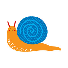 Snail character. For use in children books, cards, stickers, educational materials. Vector illustration