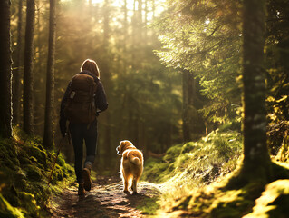 Travel with dog – Woman hiking with her dog through a sunlit forest trail, surrounded by nature and golden morning light