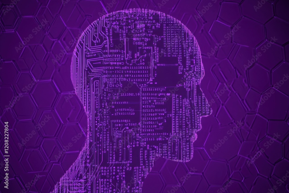Poster artificial intelligence, a silhouette of a human head made from a circuit board and binary code on a