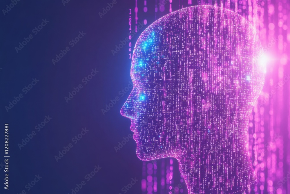Poster artificial intelligence concept with digital human head silhouette and binary code background illust