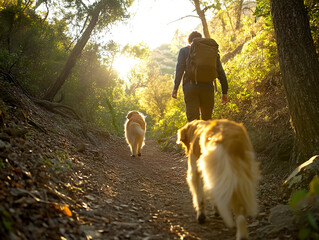 Travel with dog – Man hiking through a sunlit forest trail with two Golden Retrievers, enjoying nature and outdoor adventure
