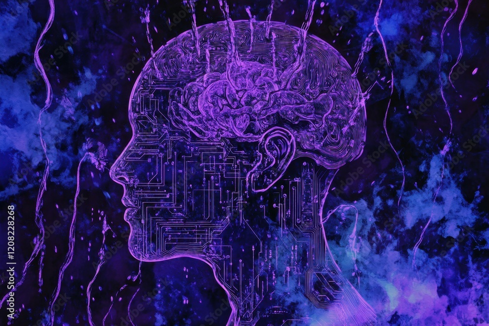 Poster artificial intelligence and streams of data flowing in the background, with a purple and blue color 
