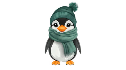 Fototapeta premium penguin in green cap and scarf, isolated, transparent, png, background