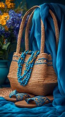 Colorful Summer Essentials with Straw Hat, Beads, and Comfortable Sandals
