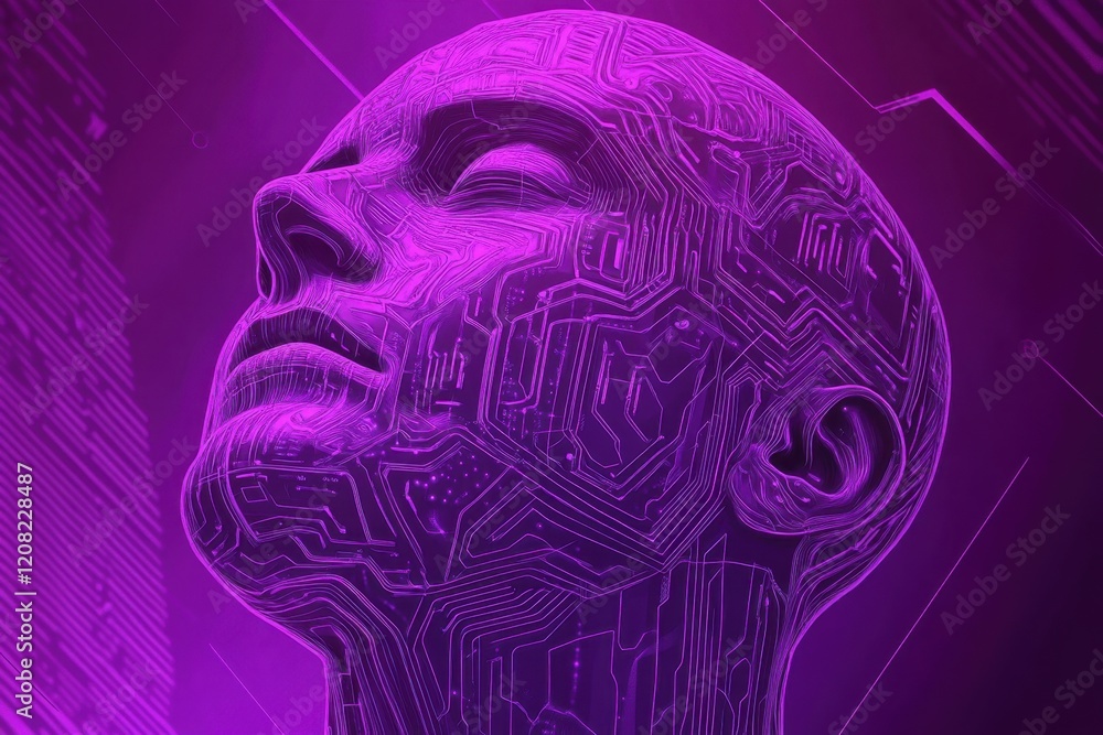 Poster abstract illustration of an artificial intelligence head with circuit board patterns, set against th