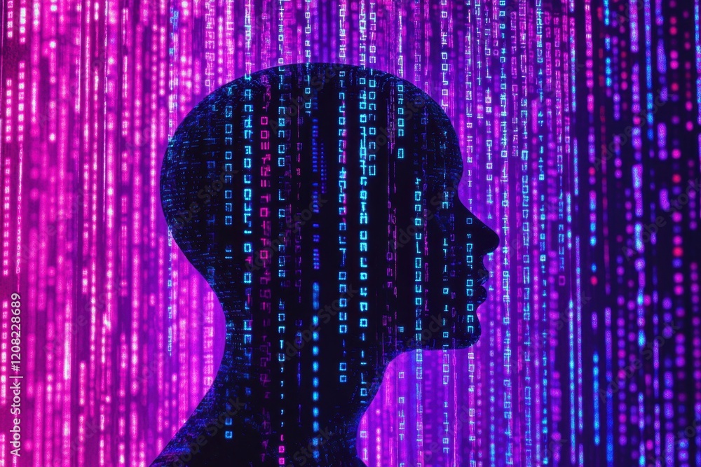 Aufkleber artificial intelligence concept with digital human head silhouette and binary code background illust