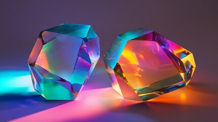 Two iridescent glass gems reflecting vibrant light