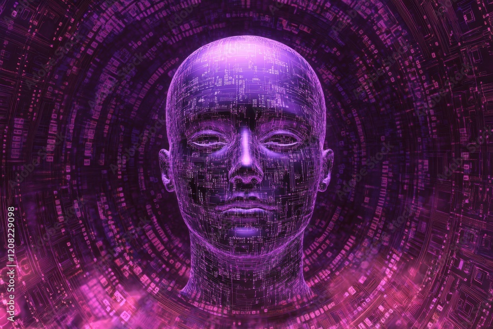 Poster abstract illustration of an artificial intelligence head with circuit board patterns, set against th