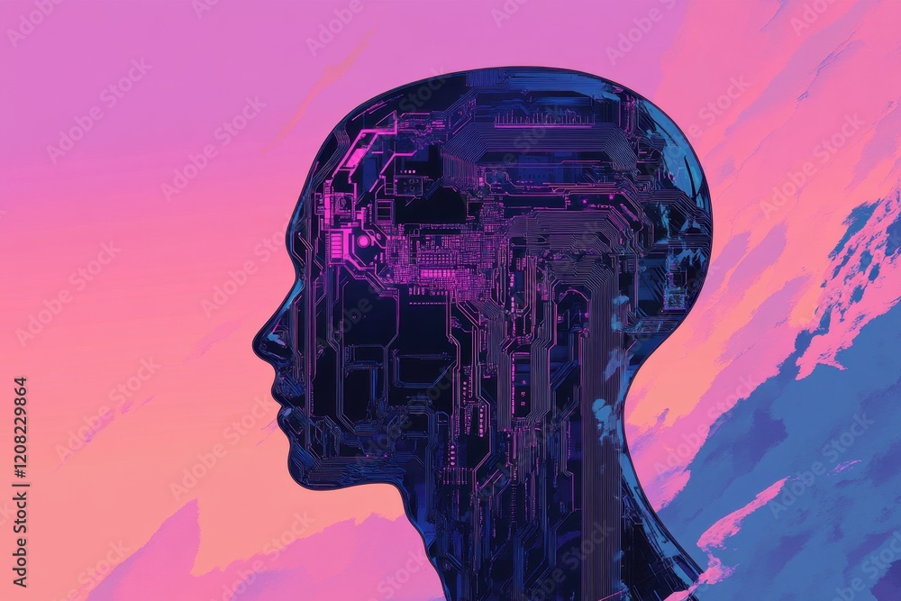 Poster artificial intelligence concept with circuit board and binary code in the silhouette of a human head