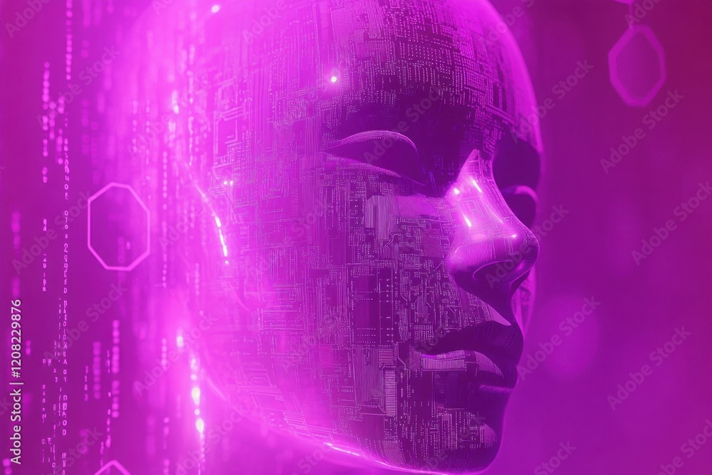 Fototapete Abstract illustration of an artificial intelligence head with circuit board patterns, surrounded by binary code and hexagonal symbols on a purple background, creating the concept of AI Generative AI