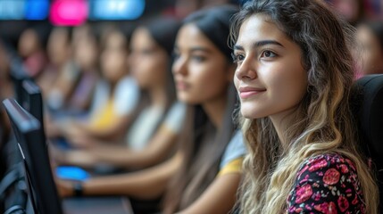 Focused Young Women in a Computer Lab
