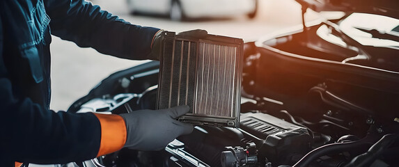 Car care maintenance servicing technician or auto mechanic holding car air conditioner filter for check and clean dirty or fix repair heat have engine problem or replace new change air filter.