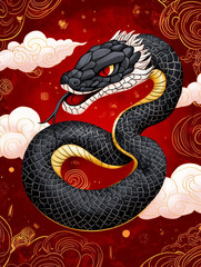 Obraz premium Majestic Serpent in Red Clouds - A stylized black serpent with gold accents, coiled amidst swirling red clouds and gold patterns. Intricate design.