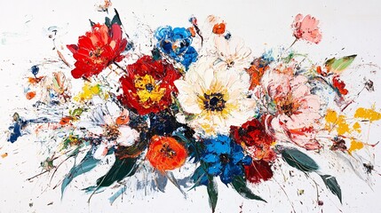 A vibrant floral arrangement with bold colors and textured brush strokes, showcasing an array of blossoms in red, blue, and white.